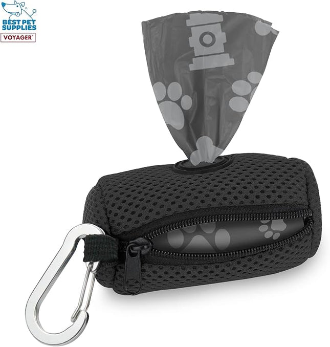 Best Pet Supplies Dog Poop Bag Holder Leash Attachment with 15 Bags, Black, Reusable Mesh Dispenser Pouch for Travel, Walking, Park, and Outdoor Use, Soft and Durable with Clip-On