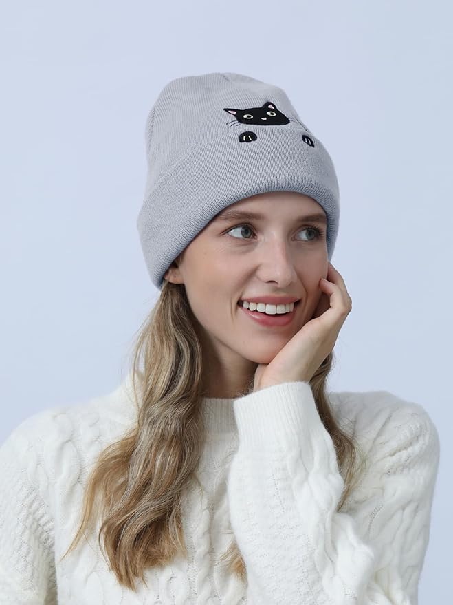 Women’s Cat Beanie Cute Cat Lover Gifts Animal Knitted Hats Christmas Stocking Stuffers for Women Girls