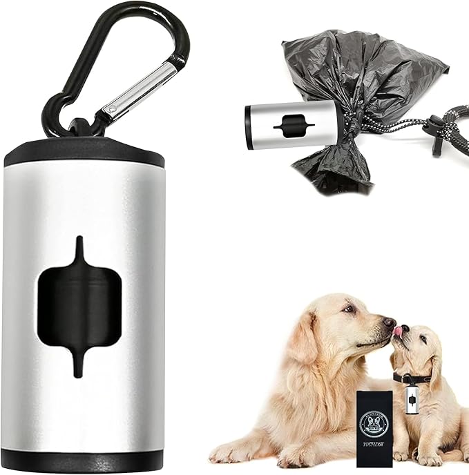 Aluminum Dog Poop Bags Holder with Carabiner Metal Pet Waste Bags Dispenser with Hook and Loop Fastener and Elastic Cord to Carry Used Bags(Silver, 1 Holder 15 Bags)