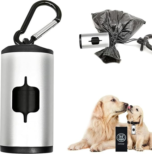 Aluminum Dog Poop Bags Holder with Carabiner Metal Pet Waste Bags Dispenser with Hook and Loop Fastener and Elastic Cord to Carry Used Bags(Silver, 1 Holder 15 Bags)
