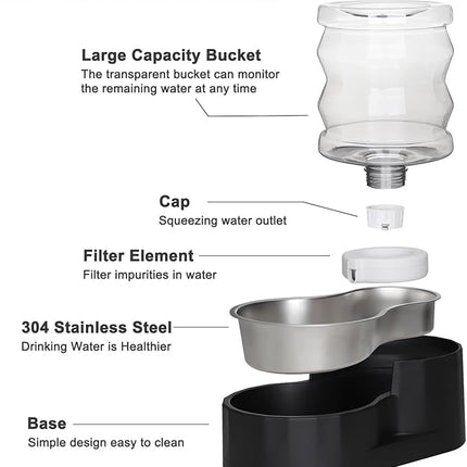 RIZZARI Dog Food Water Dispenser: 4L Large Black Stainless Steel Feeder with Triple Filter -Healthy Hydration for Pets in The Living Room - Garden and Study Room