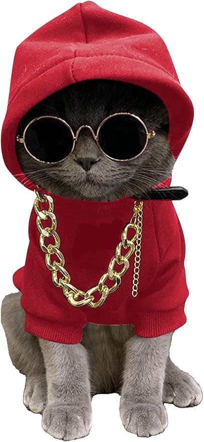 QWINEE 3Pcs Dog Hoodie Cat Apparel Dog Custume Set with Necklace and Sunglasses Pet Clothes for Puppy Small Medium Dogs Cats Red XL
