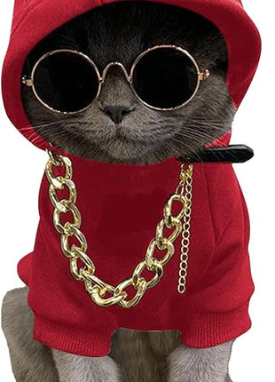 QWINEE 3Pcs Dog Hoodie Cat Apparel Dog Custume Set with Necklace and Sunglasses Pet Clothes for Puppy Small Medium Dogs Cats Red M