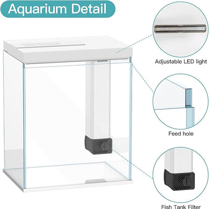 Betta Fish Tank, 2 Gallon Glass Aquarium Starter Kit, Small Fish Tank with Filter and Light.(White)