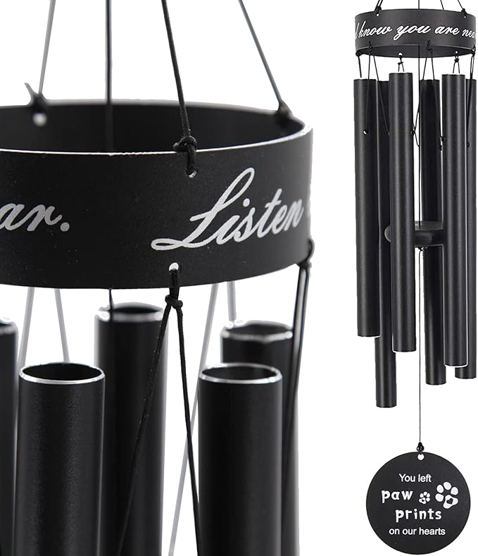 Pet Memorial Wind Chimes, 30 Inches Paw Print Pet Remembrance Gift to Honor and Remember a Dog, Cat, or Other Pet, Premium Metal Wind Chime, Black