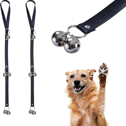 Leather Dog Doorbells for Door Knob/Potty Training/Go Outside, Length Adjustment Copper Dog Bell, Housetraining Hanging Bell, Black Leather Silver Bells - 2 Pack