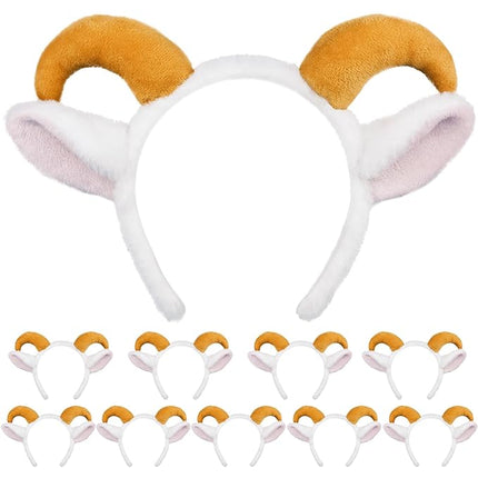 Beviliu Goat Ears Headband with Ram Horns, Animals Ears and Horns Headband, Sheep Ears Custome Lamb Ears Headwear for Halloween Christmas Birthday Party Theme Cosplay, 10Pack
