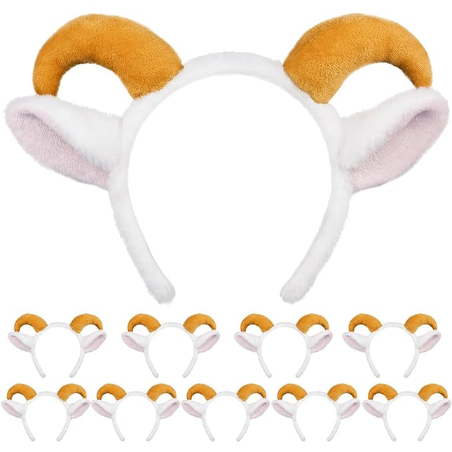 Beviliu Goat Ears Headband with Ram Horns, Animals Ears and Horns Headband, Sheep Ears Custome Lamb Ears Headwear for Halloween Christmas Birthday Party Theme Cosplay, 10Pack