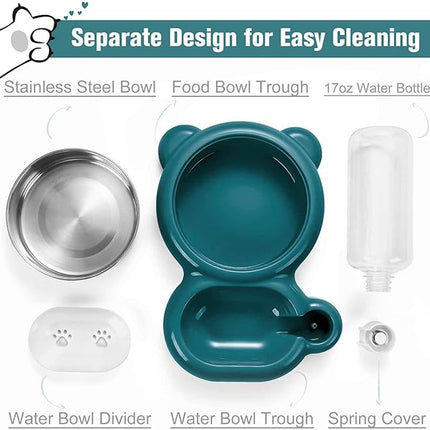 Dog Bowls, Cat Food and Water Bowl Set with Water Dispenser and Stainless Steel Bowl for Cats and Small Dogs - Dark Green