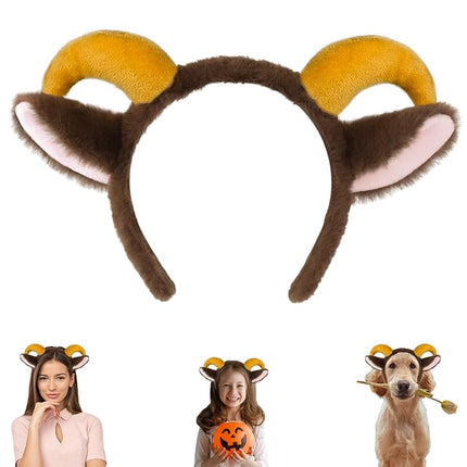 Beviliu Goat Ears Headband with Ram Horns, Animals Ears and Horns Headband, Sheep Ears Custome Lamb Ears Headwear for Halloween Christmas Birthday Party Theme Cosplay, Brown, 1Pack
