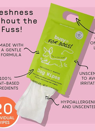 Busy Co. - Hypoallergenic Dog Wipes, Cleaning and Odor Control Grooming Wipes for Paws, Body, and Butt, Perfect for Puppy and Adult Dogs, Individually Wrapped, Unscented (Unscented, 20 Grooming Wipes)