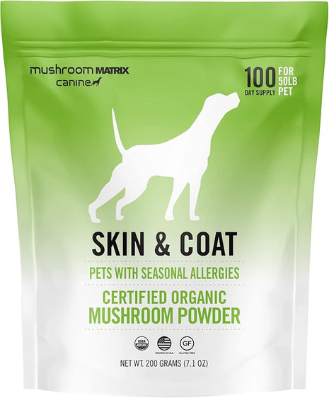 Om Mushroom Matrix Skin & Coat Mushroom Pet Supplement, Provides Seasonal Allergy Skin & Coat Support for Dogs & Cats, 200 Grams, 7.1 oz