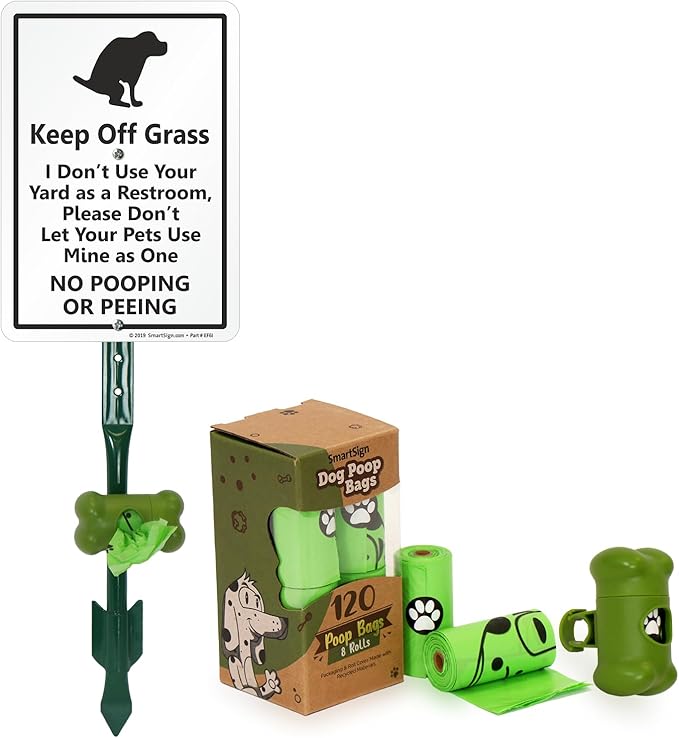 SmartSign Keep Off Grass No Dog Pooping Or Peeing Yard Sign & Clip-On Preloaded Dispenser Combo/Kit with 135 Dog Poop Waste Bags, 7"x10" Rust-proof Aluminum Sign with 18-inch Steel Stake