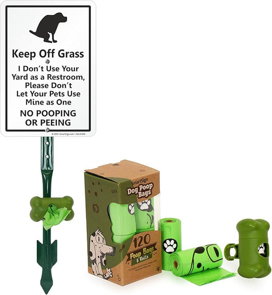 SmartSign Keep Off Grass No Dog Pooping Or Peeing Yard Sign & Clip-On Preloaded Dispenser Combo/Kit with 135 Dog Poop Waste Bags, 7"x10" Rust-proof Aluminum Sign with 18-inch Steel Stake