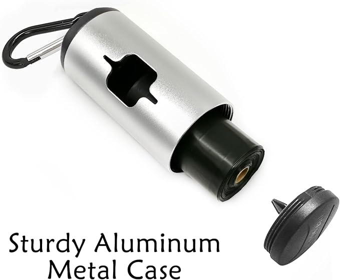 Aluminum Dog Poop Bags Holder with Carabiner Metal Pet Waste Bags Dispenser with Hook and Loop Fastener and Elastic Cord to Carry Used Bags(Silver, 1 Holder 15 Bags)