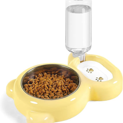 Dog Bowls, Cat Food and Water Bowl Set with Water Dispenser and Stainless Steel Bowl for Cats and Small Dogs - Yellow