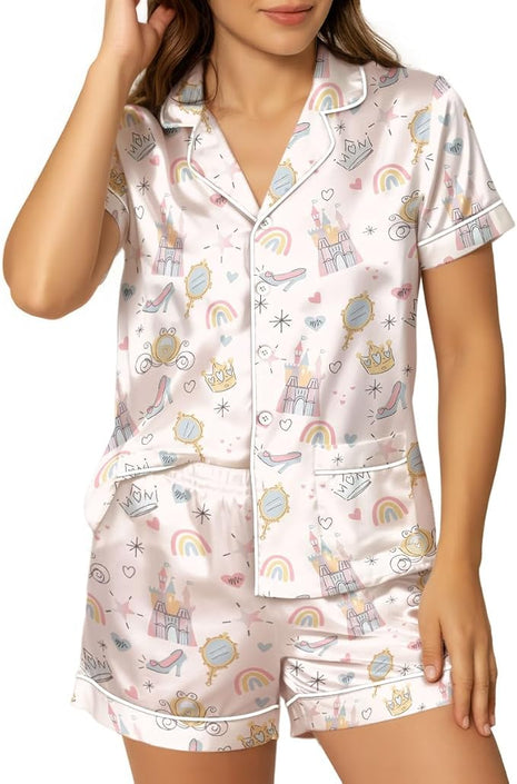 Women’s Silk Satin Pajama Set, Short Sleeve Button Down 2 Piece PJs with Shorts, Cozy Loungewear & Matching Holiday Pajamas