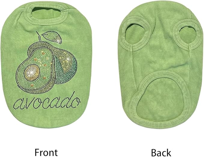 Washed Cotton Pet Vest with Rhinestone Fruit Designs, Soft & Stylish Small Dog Cat Vest for Spring Summer, Breathable & Shiny (Green-Avocado, Small)