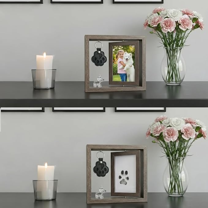 Dog Memorial Gifts Picture Frame, Pet Paw Print Kit & Fur Keepsake Keychain Set - 360 Rotating Wood Frame for Loss of Dog Sympathy Gift, Pet Bereavement & Remembrance