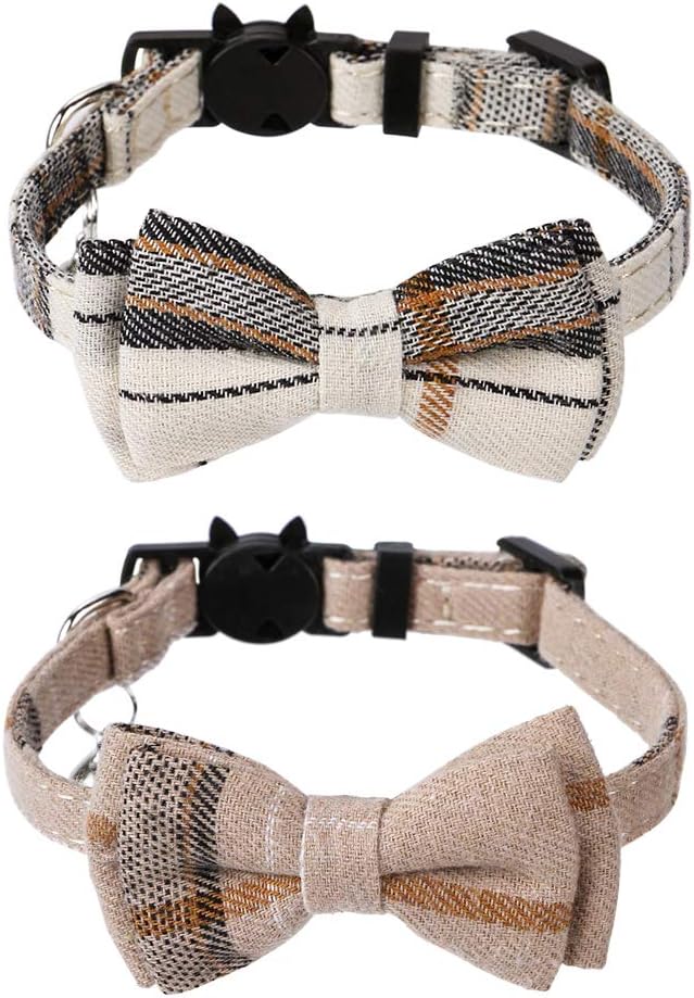 Faleela Breakaway Cat Collar with Bells - 2 Pack Cat Collar with Bells, Cat Collars with Bandana, Accessories for Pet Collars, Adjustable for Cats and Small Dogs (Beige+Brown)