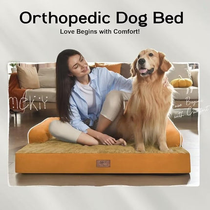 Large Dog Bed Orthopedic Washable, Orthopedic Dog Beds for Large Dogs with Washable Cover, Removable Bolster and Non-Slip Bottom Orange Gaint Pet Beds, XXXLarge Extra Large Dogs