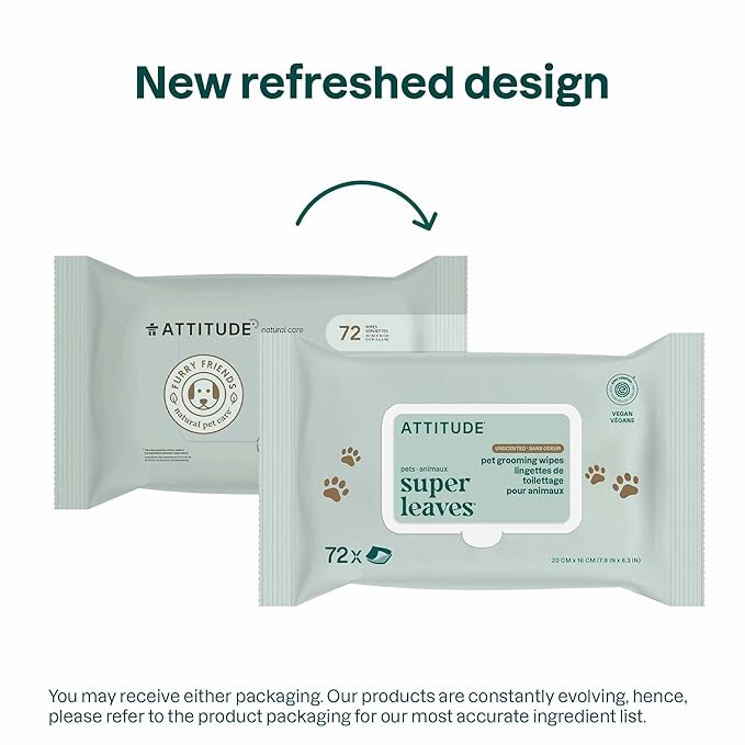 ATTITUDE Pet Wipes for Dogs & Cats, 99% Water, EWG Verified, Gentle & Unscented Cleaning Wipes for Paws, Ears, Face & Body, Deodorizing, Safe for Puppies & Kittens, 72 count