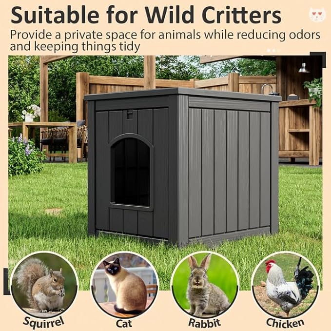 LHBcraft Outdoor Cat House Weatherproof Insulated for Winter Outside, Feral Cat Houses for Outdoor Indoor Cats Shelter, Durable Resin Shelter for Garden, Patio, Easy to Assemble Black