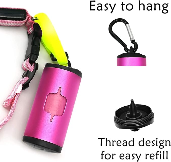 Aluminum Dog Poop Bags Holder with Carabiner Metal Pet Waste Bags Dispenser with Hook and Loop Fastener and Elastic Cord to Carry Used Bags(Pink, 1 Holder 15 Bags)