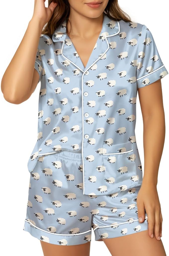 Women’s Silk Satin Pajama Set, Short Sleeve Button Down 2 Piece PJs with Shorts, Cozy Loungewear & Matching Holiday Pajamas