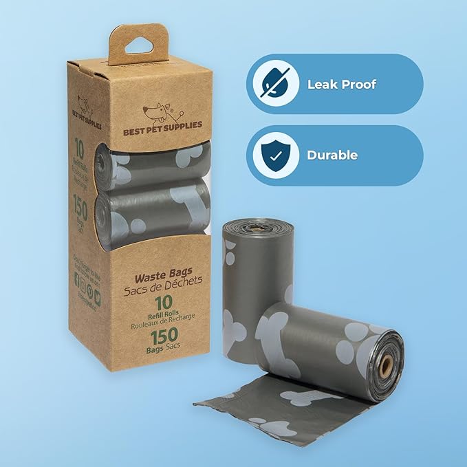 Best Pet Supplies Dog Poop Bags (150 Bags) for Waste Refuse Cleanup, Doggy Roll Replacements for Outdoor Puppy Walking and Travel, Leak Proof and Tear Resistant, Thick Plastic - Gray