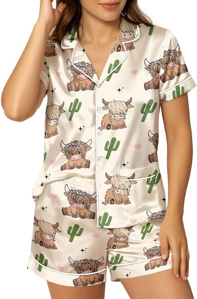 Women’s Silk Satin Pajama Set, Short Sleeve Button Down 2 Piece PJs with Shorts, Cozy Loungewear & Matching Holiday Pajamas