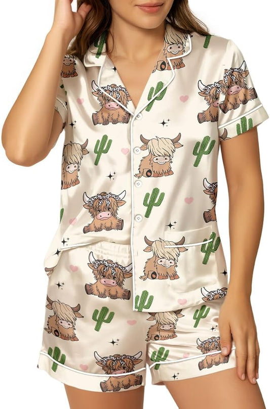 Women’s Silk Satin Pajama Set, Short Sleeve Button Down 2 Piece PJs with Shorts, Cozy Loungewear & Matching Holiday Pajamas