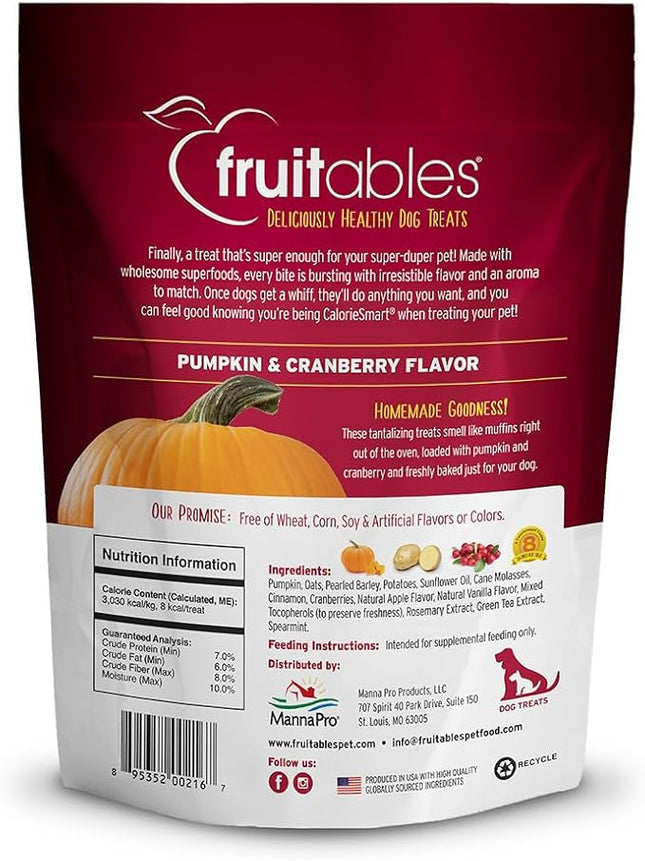 Fruitables Baked Dog Treats, Healthy Pumpkin Snacks for Dogs, Low Calorie & Delicious, No Wheat, Corn or Soy, Puppy Training Treats, Made in the USA, Pumpkin and Cranberry Flavor, 7oz