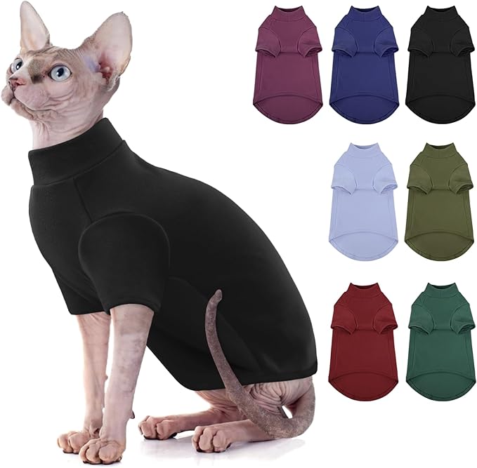 SUNFURA Turtleneck Sweater for Cat, Sphynx Cats Shirt Hairless Cat Sweaters with Sleeves, Warm and Soft Kitten Pullover Fleece Winter Pajamas Jumpsuit for Puppy Cats, Black M