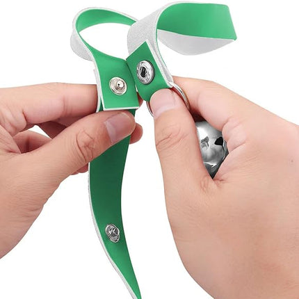 Leather Dog Doorbells for Door Knob/Potty Training/Go Outside, Length Adjustment Copper Dog Bell, Housetraining Hanging Bell, Green Leather Silver Bells.