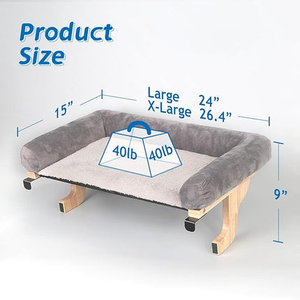 Zakkart Cat Perch for Window Sill with Bolster - Orthopedic Hammock Design with Premium Hardwood & Robust Metal Frame - Cat Window Seat for Large Cats - Natural Color Wood Gray Bed, XLarge 26.4''W