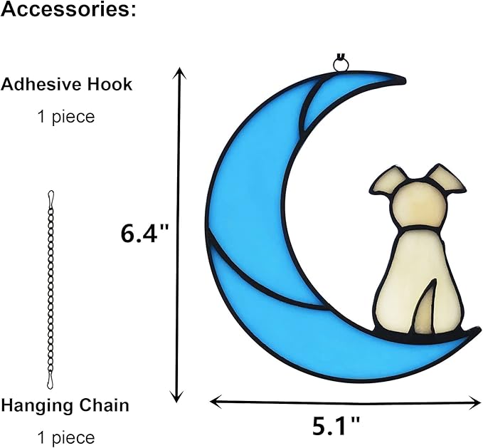 Stained Glass Dog Memorial Gifts for Dog Lovers, Yellow Dog Decor on Blue Moon Window Hanging Suncatcher, Loss of Dog Sympathy Gift, Pet Loss Remembrance Gift in Memory of Dog