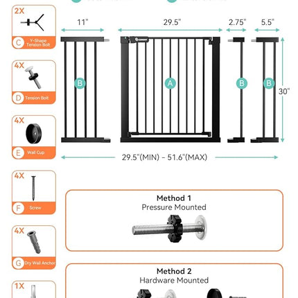 COMOMY 30" Tall Baby Gate for Stairs Doorways, Fits Openings 29.5" to 51.6" Wide, Auto Close Extra Wide Dog Gate for House, Pressure Mounted Easy Walk Through Pet Gate with Door, Black