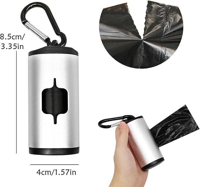 Aluminum Dog Poop Bags Holder with Carabiner Metal Pet Waste Bags Dispenser with Hook and Loop Fastener and Elastic Cord to Carry Used Bags(Silver, 1 Holder 15 Bags)