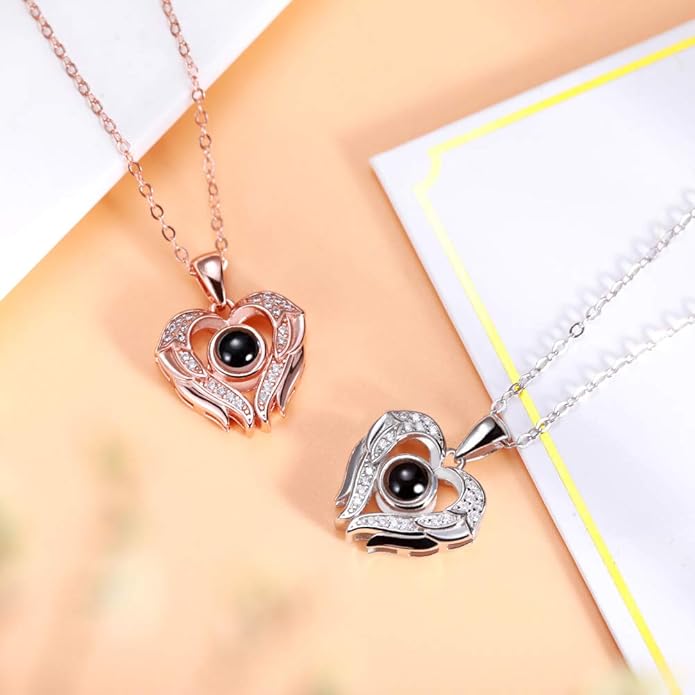 AILIN Custom I Love You Necklace 100 Languages 925 Sterling Silver Angel Wings Personalized Photo Projection Necklaces Heart Pendant Gifts For Women Her Girlfriends