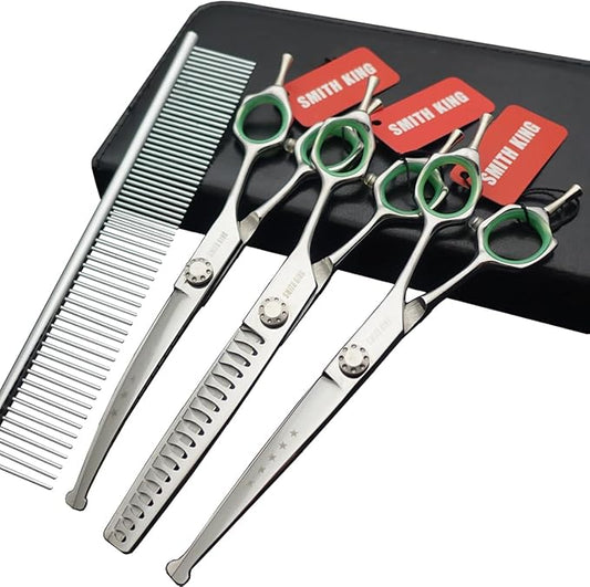 7 inches Safe Dog Grooming Scissors Set with Round Tip,Straight & Thinning & Curved Shears Set with comb for Dog & Cat Grooming (Green 3 in 1 with comb)