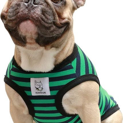 iChoue French Bulldog 100% Breathable Cotton Striped T Shirts Halloween Vest Clothes for Small Dogs Tank Tops Puppy Frenchie Pug English Boston Terrier Pitbull Green Black Stripes - Medium