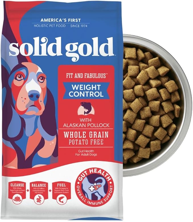 Solid Gold Healthy Weight Management Dry Dog Food for Adult & Senior Dogs - With Pollock, Whole Grain & Probiotics for Gut Health & Digestion Support - Dry Dog Food for Weight Management Support – 4LB