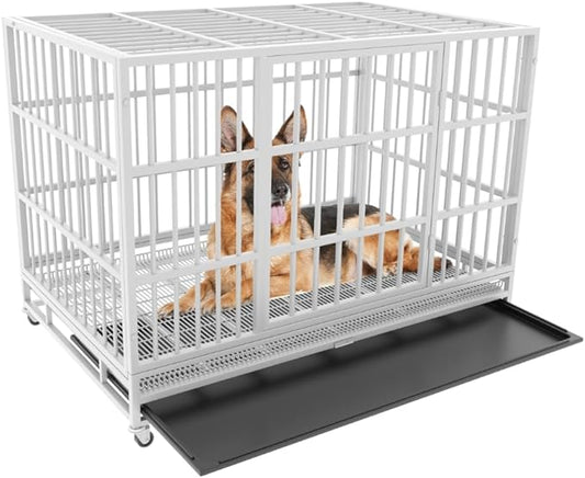 54/48/42/38 Inch Heavy Duty Dog Crate Cage with Wheels, Indestructible and Escape Proof Steel Kennel Indoor for High Anxiety Dogs with Sturdy Locks, Double Door and Tray, Extra Large XL XXL
