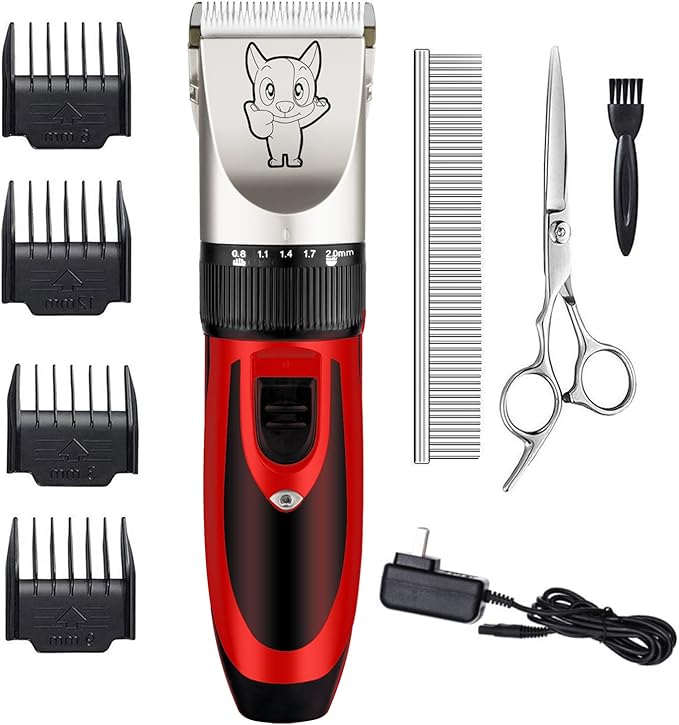 Dog Grooming Kit Clippers, Low Noise, Electric Quiet, Rechargeable, Cordless, Pet Hair Thick Coats Clippers Trimmers Set, Suitable for Dogs, Cats, and Other Pets(Red)