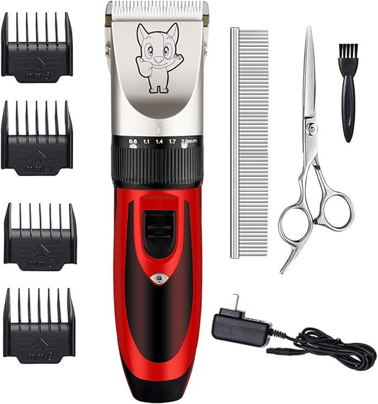 Dog Grooming Kit Clippers, Low Noise, Electric Quiet, Rechargeable, Cordless, Pet Hair Thick Coats Clippers Trimmers Set, Suitable for Dogs, Cats, and Other Pets(Red)