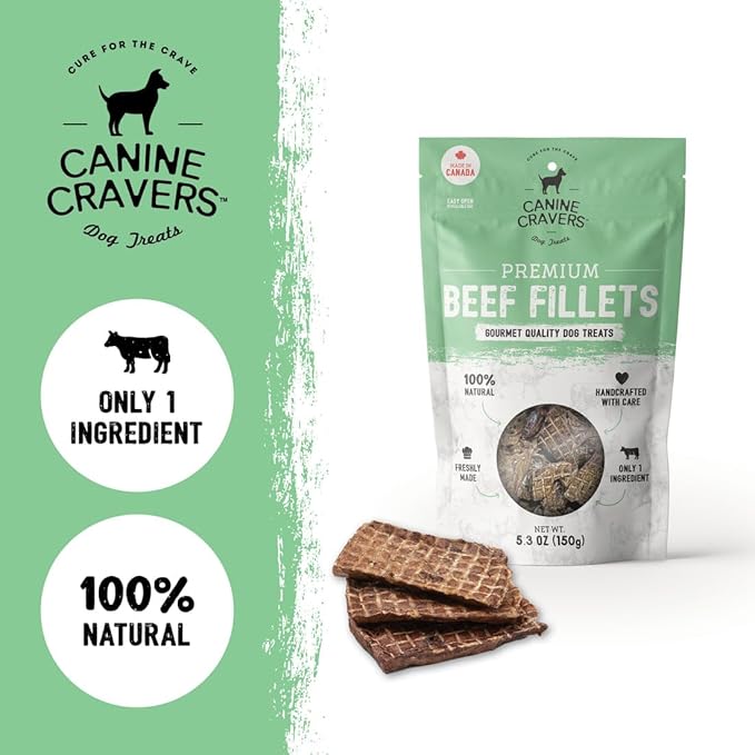 Canine Cravers Single Ingredient Dog Treats – Premium Beef Fillets - Human Grade Air Dried Hypoallergenic Pet Food – Grain, Gluten, and Soy Free – 100% All Natural - 5.3 oz