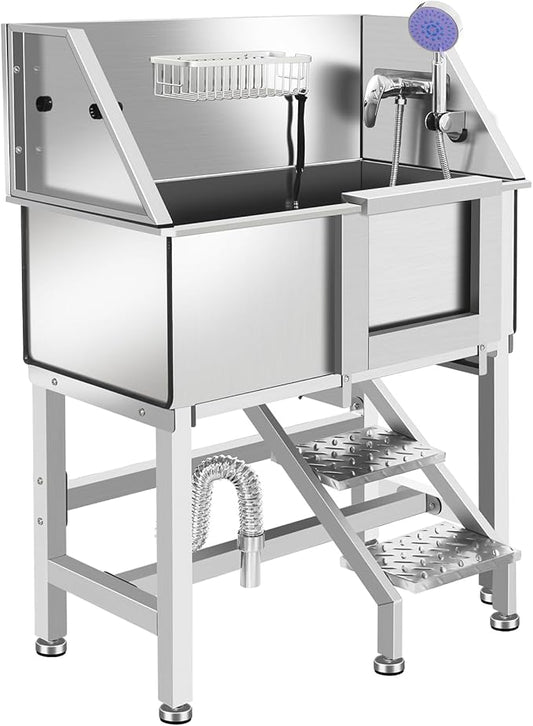 Professional Stainless Steel Dog Grooming Tub W/Soap Box, Faucet,Rich Accessory, Bathtub For Multiple Pets, Washing Sink For Home
