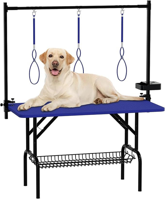 VFK 36''/47''Large Dog Grooming Table, Foldable Grooming Table for Dogs at Home Pet Grooming Station,Adjustable Cat Drying Desktop with Arms, Nooses, Mesh Tray (Basic pet Table, 47" Blue)