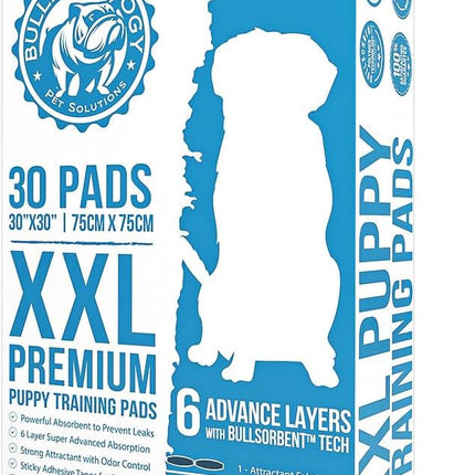 Bulldogology Puppy Pee Pads XXL with Adhesive Sticky Tape - Extra Large Dog Training Wee Pads (30x30) 6 Layers with Extra Quick Dry Bullsorbent Polymer Tech (30-Count, White)